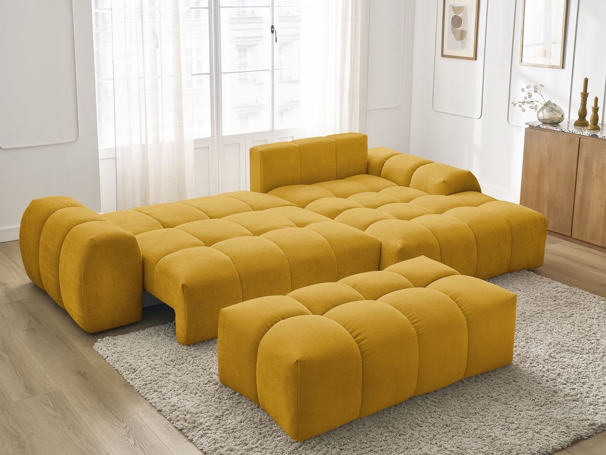 Canapé d'angle convertible coffre EVEREST tissu texturé avec pouf