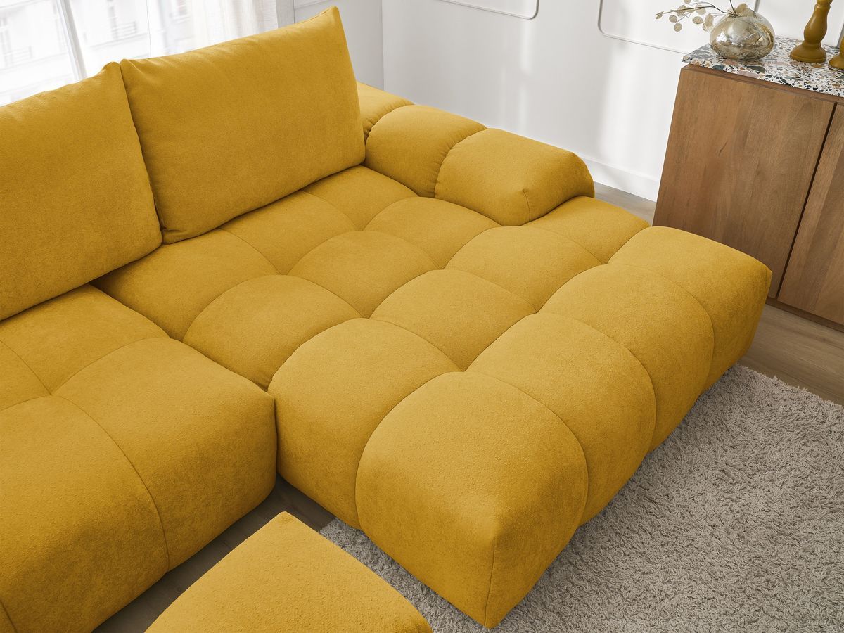 Canapé d'angle convertible coffre EVEREST tissu texturé avec pouf