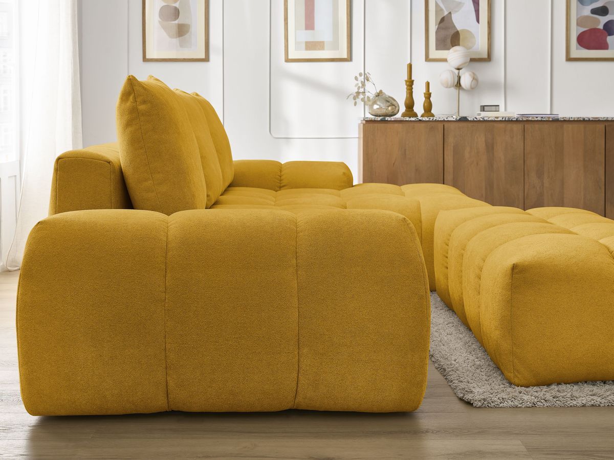 Canapé d'angle convertible coffre EVEREST tissu texturé avec pouf