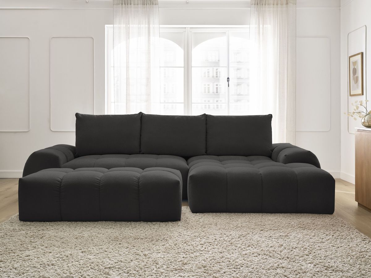 Canapé d'angle convertible coffre EVEREST tissu texturé avec pouf