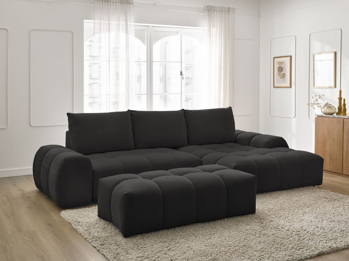 Canapé d'angle convertible coffre EVEREST texturé avec pouf noir — vue 5