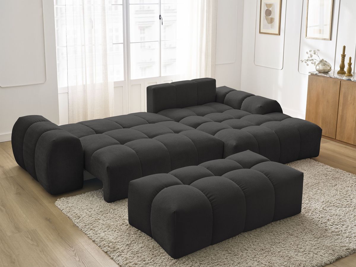 Canapé d'angle convertible coffre EVEREST tissu texturé avec pouf