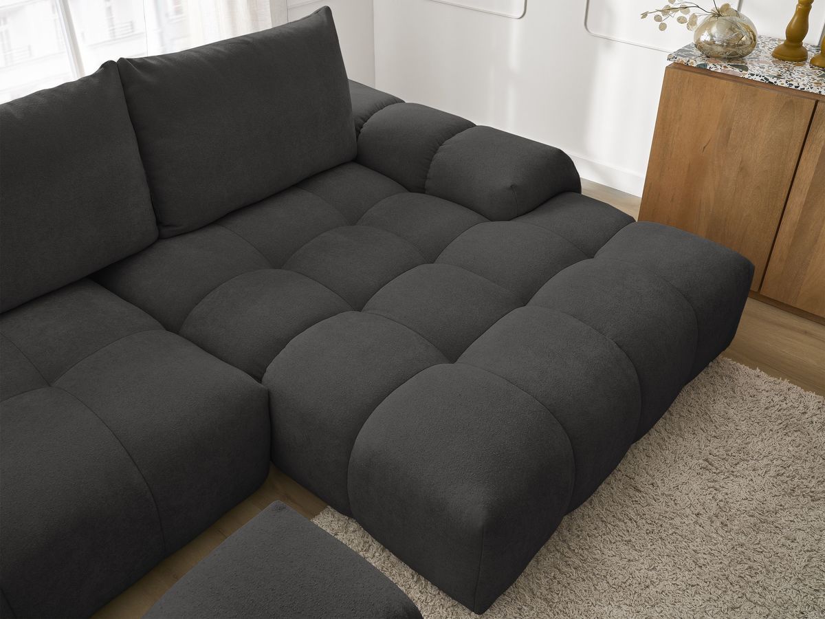 Canapé d'angle convertible coffre EVEREST tissu texturé avec pouf