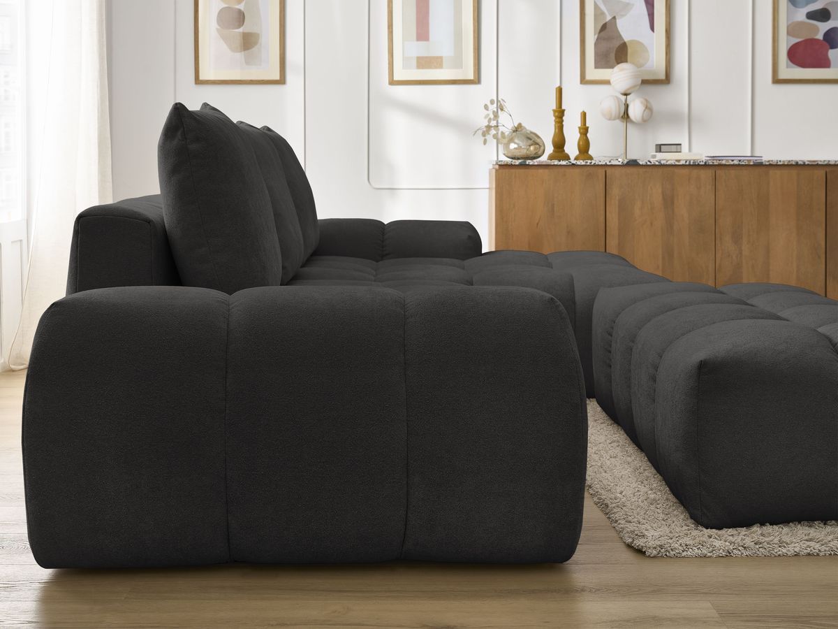 Canapé d'angle convertible coffre EVEREST tissu texturé avec pouf