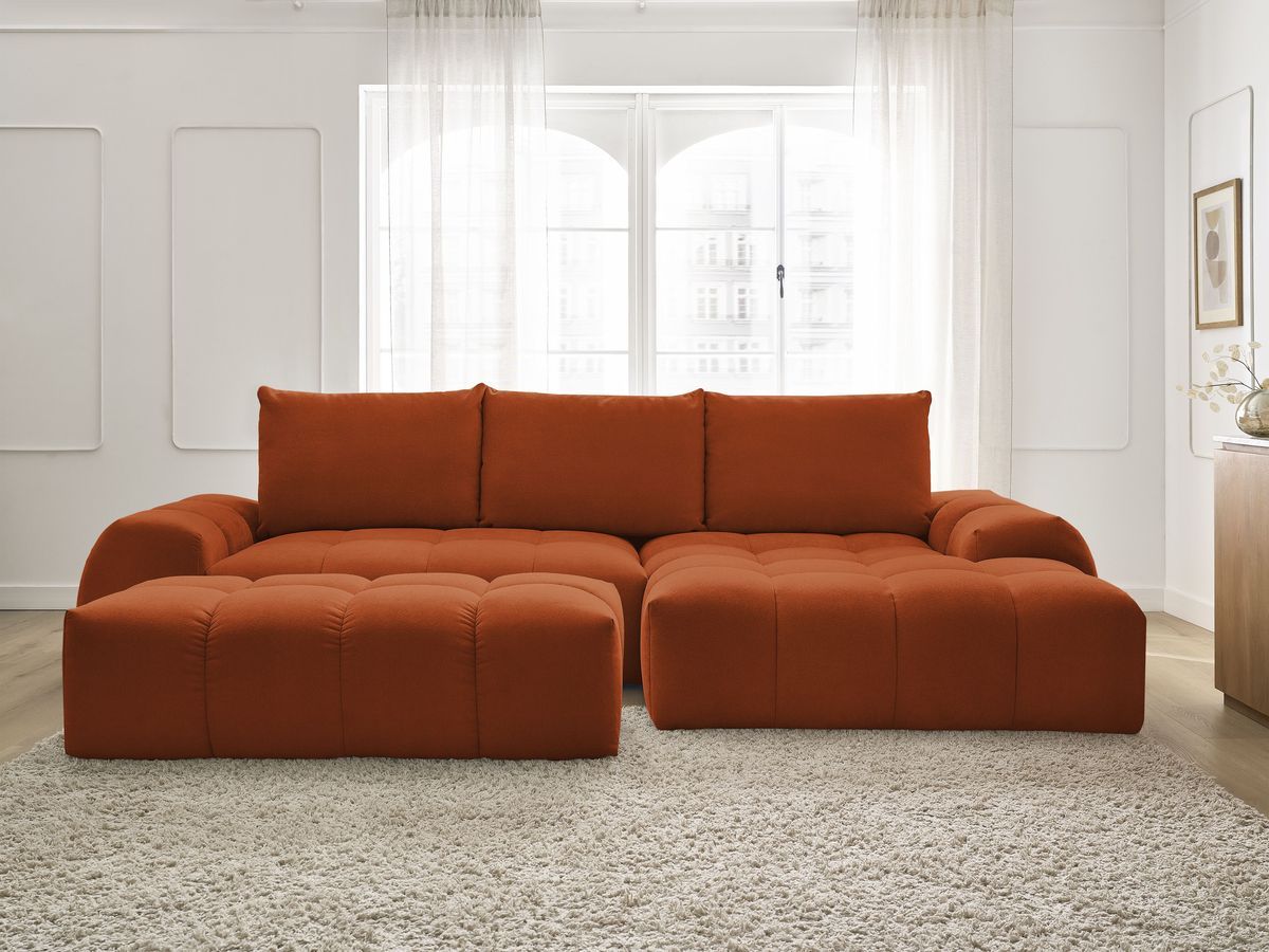 Canapé d'angle convertible coffre EVEREST tissu texturé avec pouf