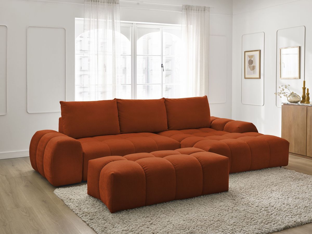 Canapé d'angle convertible coffre EVEREST texturé avec pouf orange — vue 5