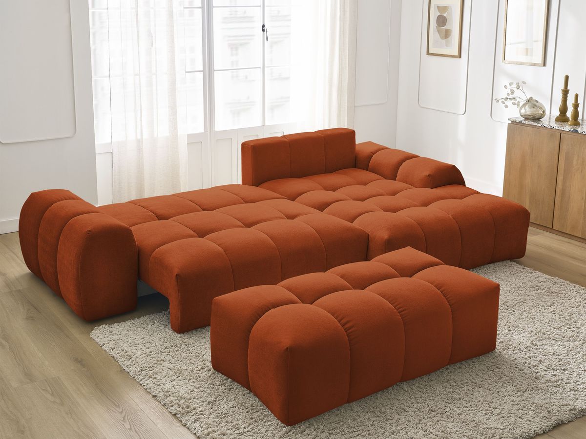 Canapé d'angle convertible coffre EVEREST tissu texturé avec pouf