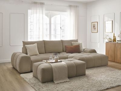 Canapé d'angle convertible coffre EVEREST tissu texturé avec pouf