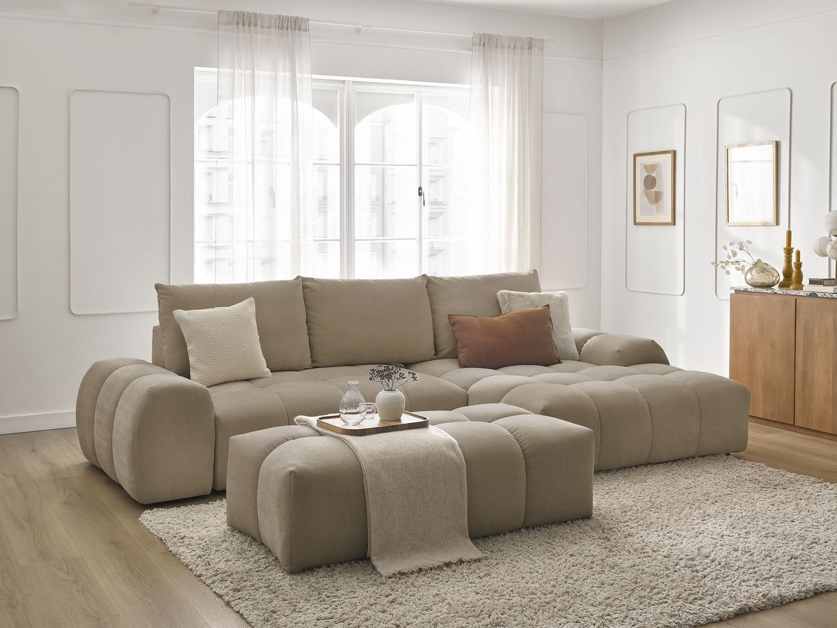 Canapé d'angle convertible coffre EVEREST tissu texturé avec pouf
