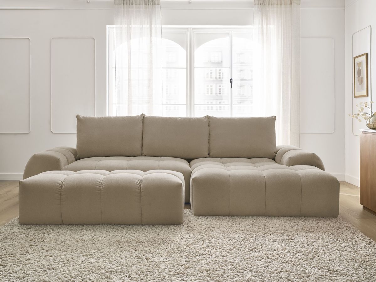 Canapé d'angle convertible coffre EVEREST tissu texturé avec pouf