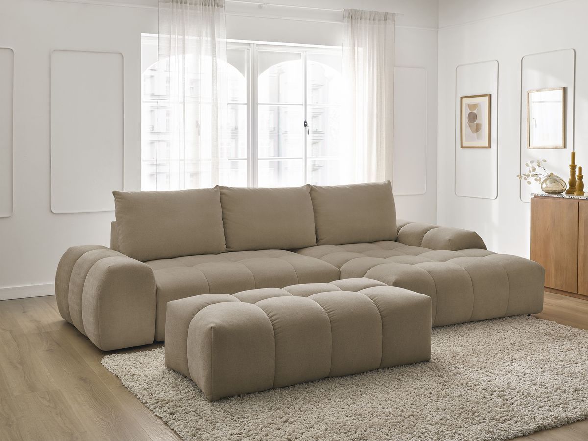Canapé d'angle convertible coffre EVEREST texturé avec pouf taupe — vue 5