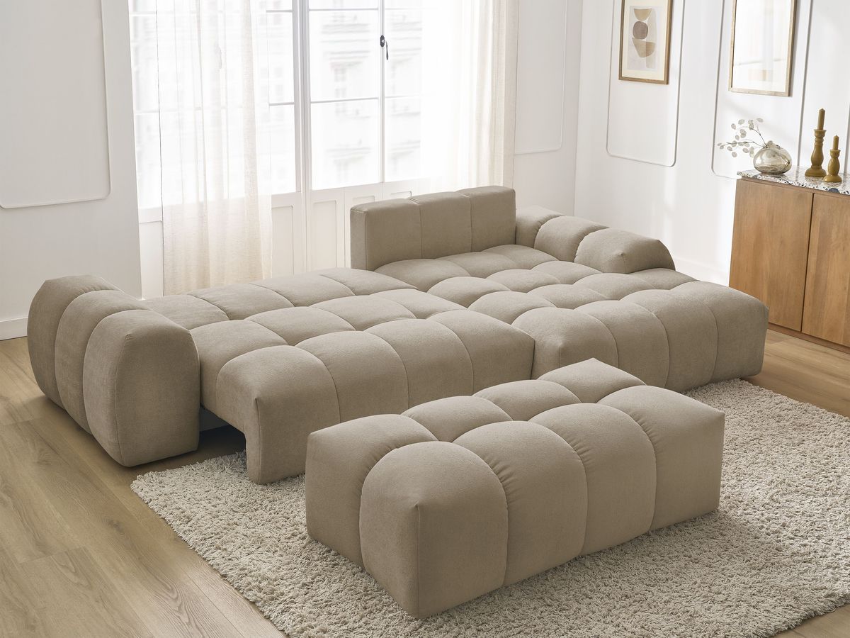 Canapé d'angle convertible coffre EVEREST tissu texturé avec pouf