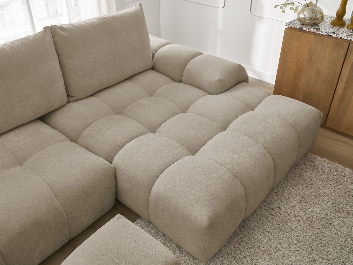 Canapé d'angle convertible coffre EVEREST tissu texturé avec pouf