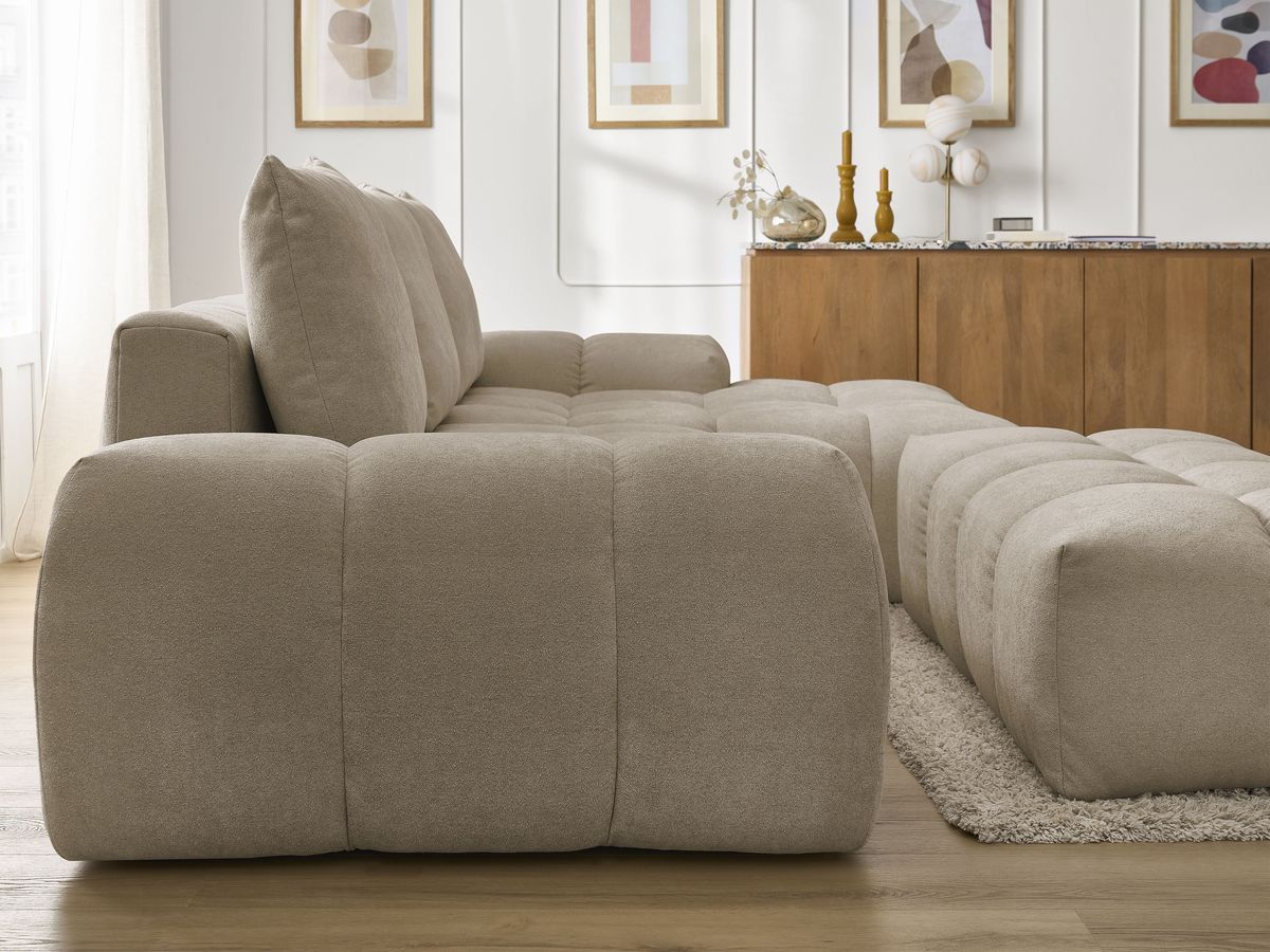 Canapé d'angle convertible coffre EVEREST tissu texturé avec pouf
