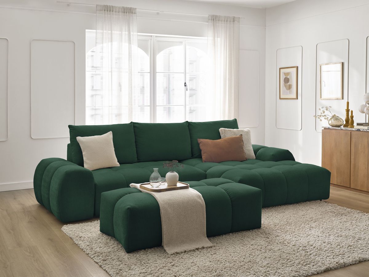 Canapé d'angle convertible coffre EVEREST tissu texturé avec pouf