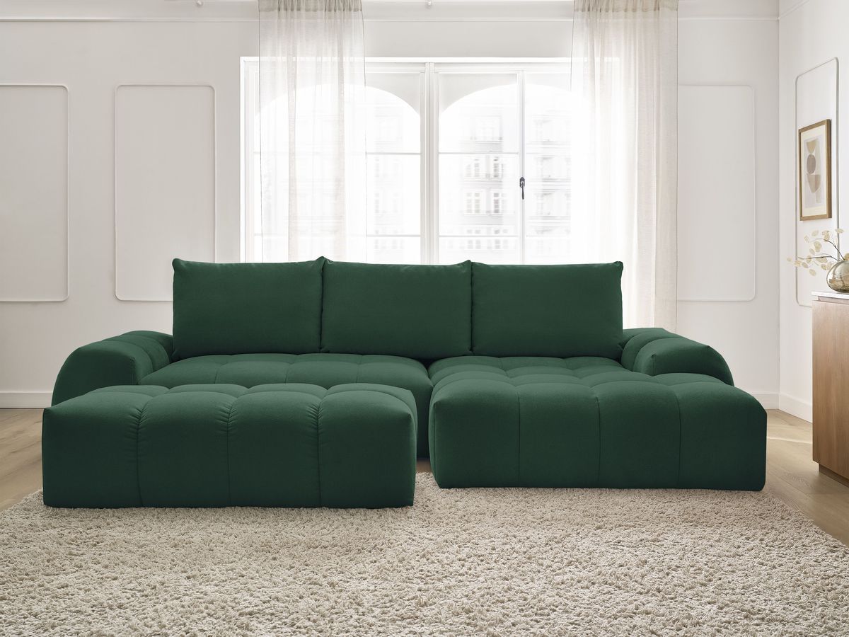 Canapé d'angle convertible coffre EVEREST tissu texturé avec pouf
