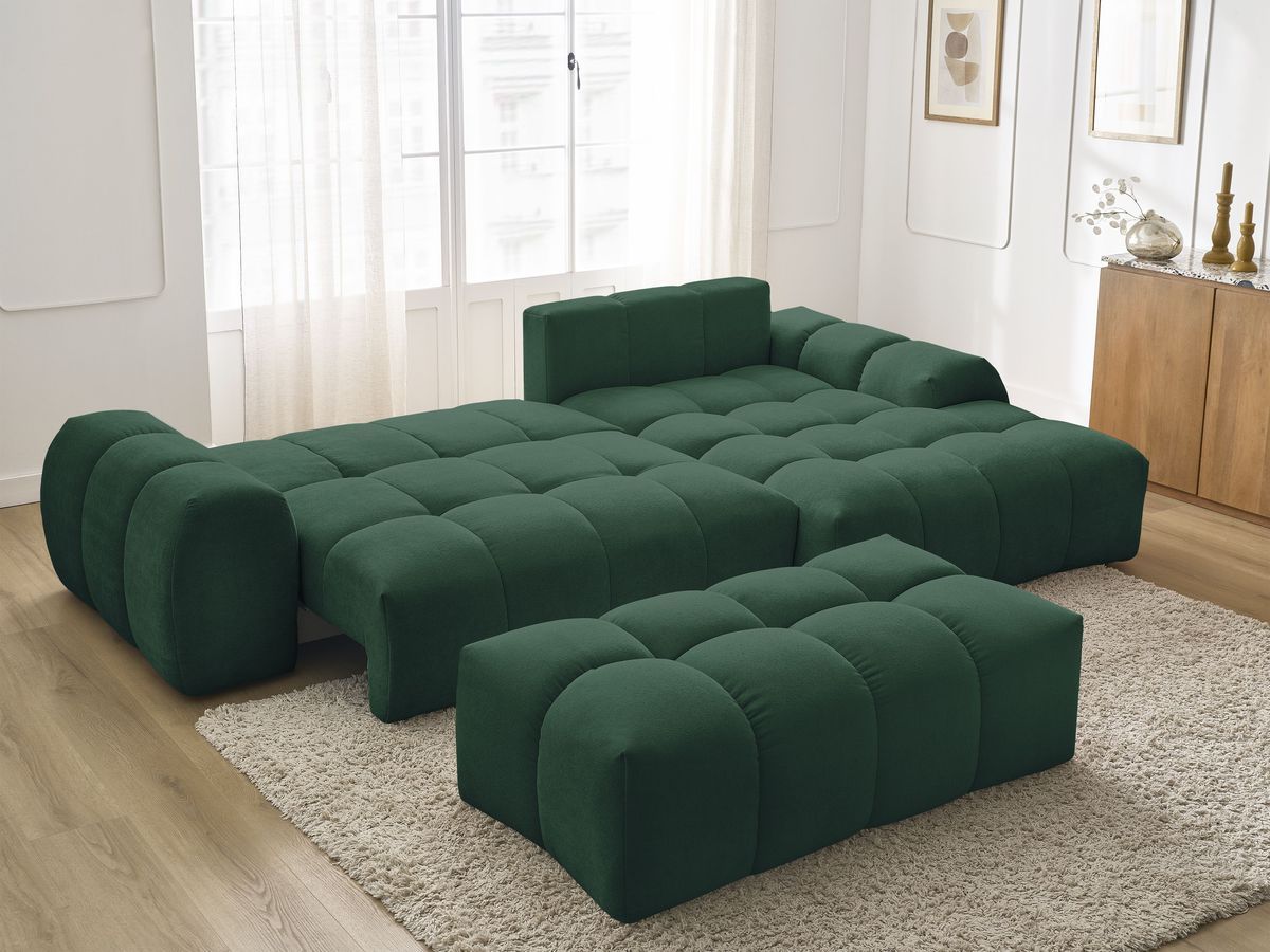 Canapé d'angle convertible coffre EVEREST tissu texturé avec pouf