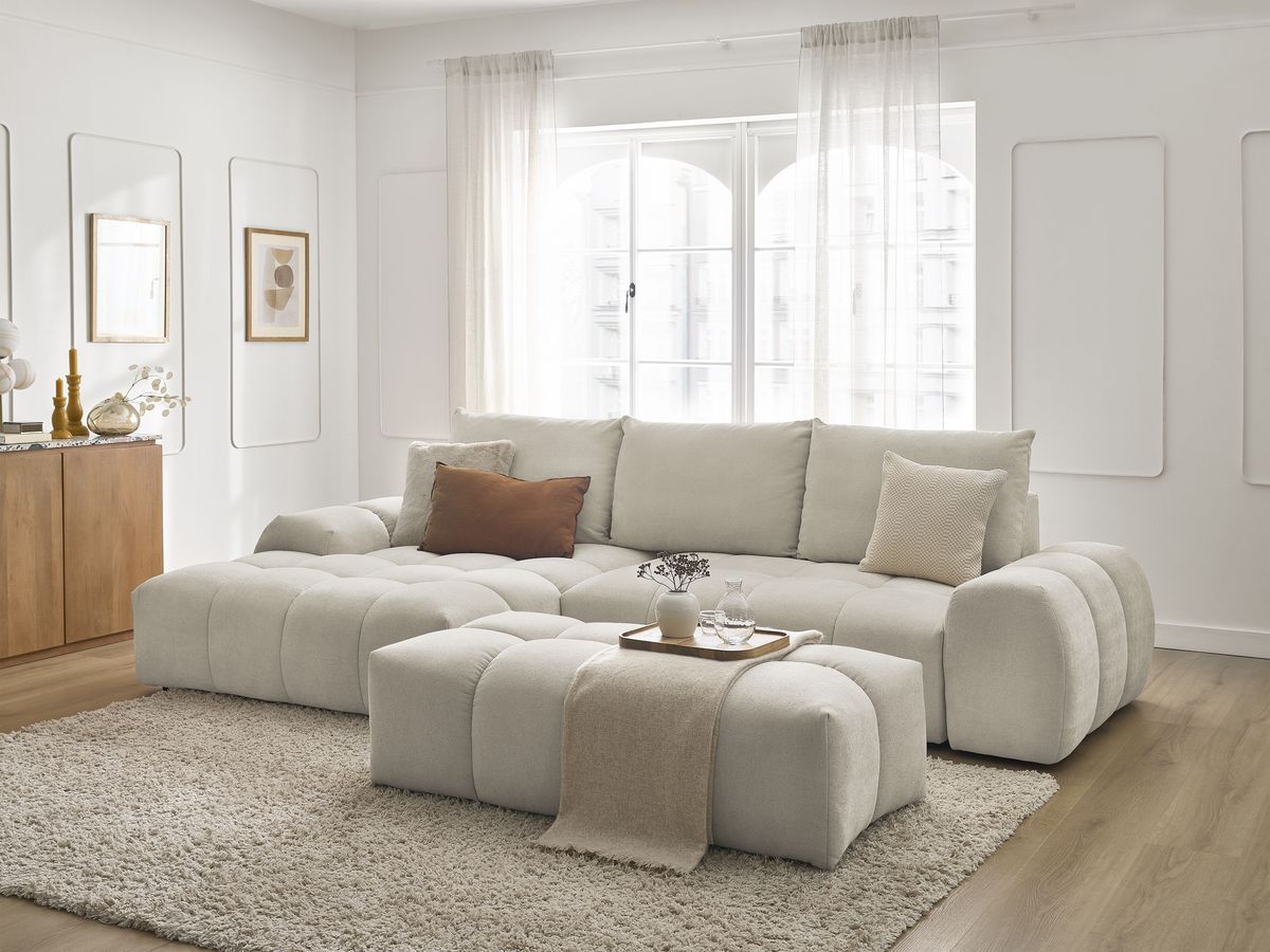 Canapé d'angle convertible coffre EVEREST tissu texturé avec pouf