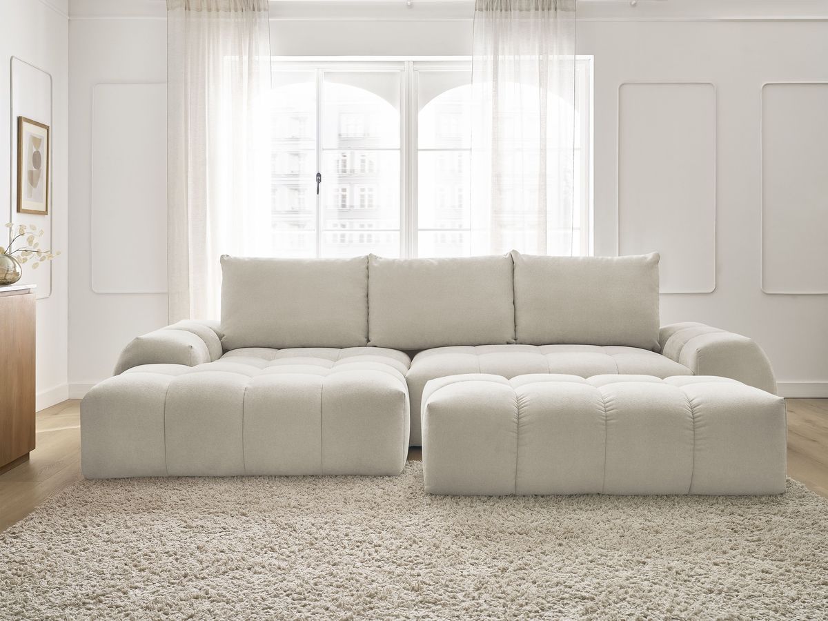 Canapé d'angle convertible coffre EVEREST tissu texturé avec pouf