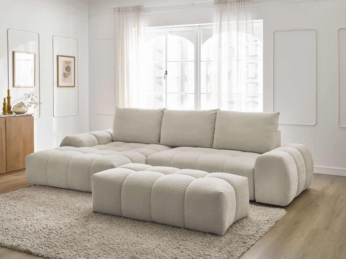 Canapé d'angle convertible coffre EVEREST tissu texturé avec pouf beige angle gauche BOBOCHIC 4 places - Vue supplémentaire 3
