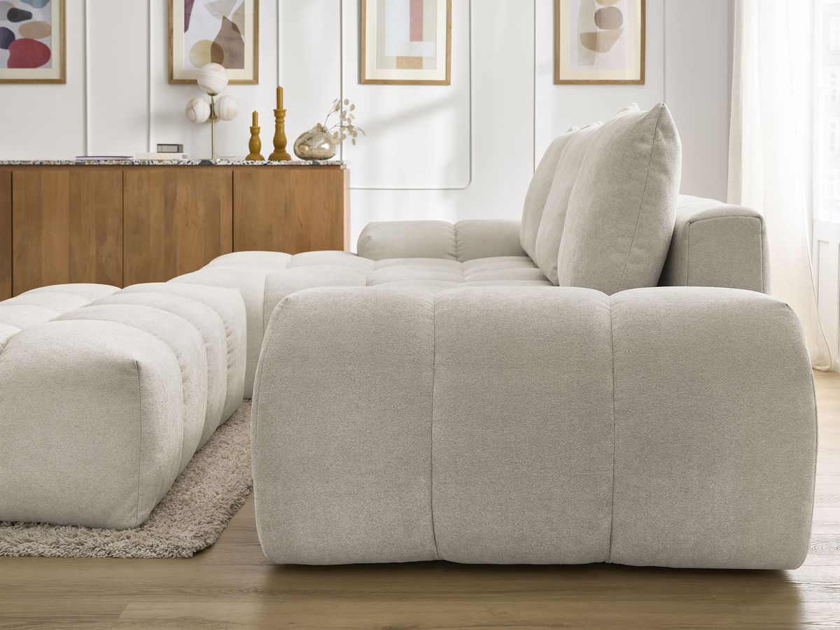 Canapé d'angle convertible coffre EVEREST tissu texturé avec pouf