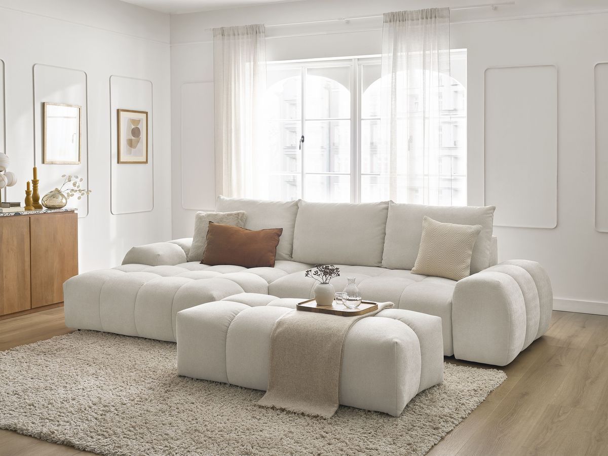 Canapé d'angle convertible coffre EVEREST tissu texturé avec pouf