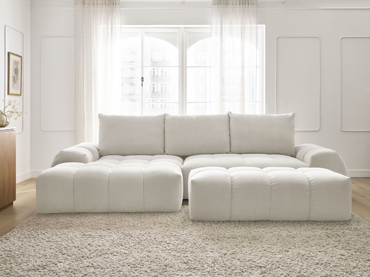 Canapé d'angle convertible coffre EVEREST tissu texturé avec pouf