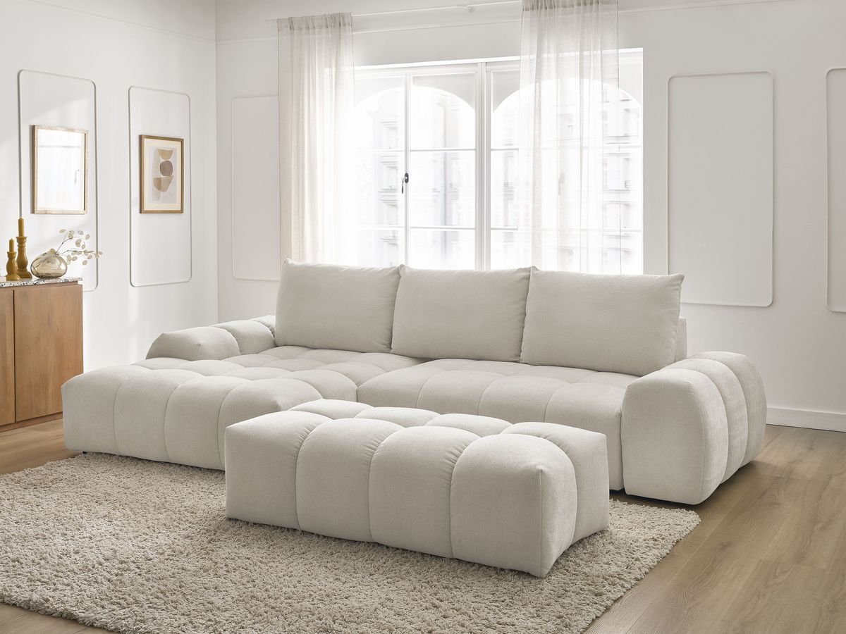 Canapé d'angle convertible coffre EVEREST tissu texturé avec pouf blanc angle gauche BOBOCHIC 4 places - Vue supplémentaire 3