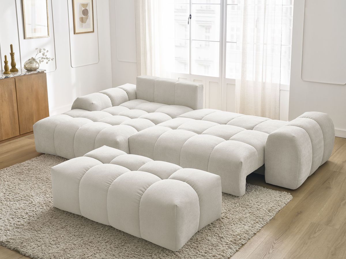 Canapé d'angle convertible coffre EVEREST tissu texturé avec pouf