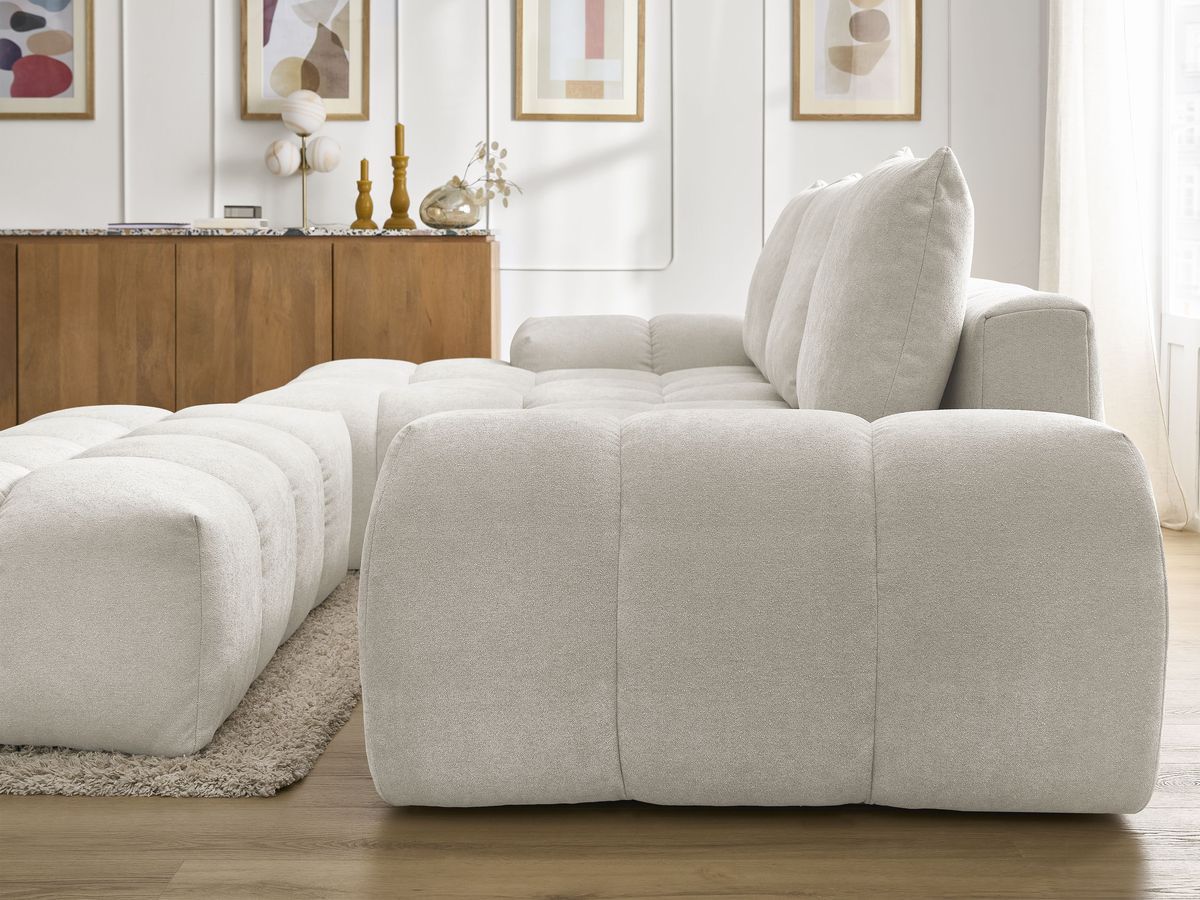 Canapé d'angle convertible coffre EVEREST tissu texturé avec pouf
