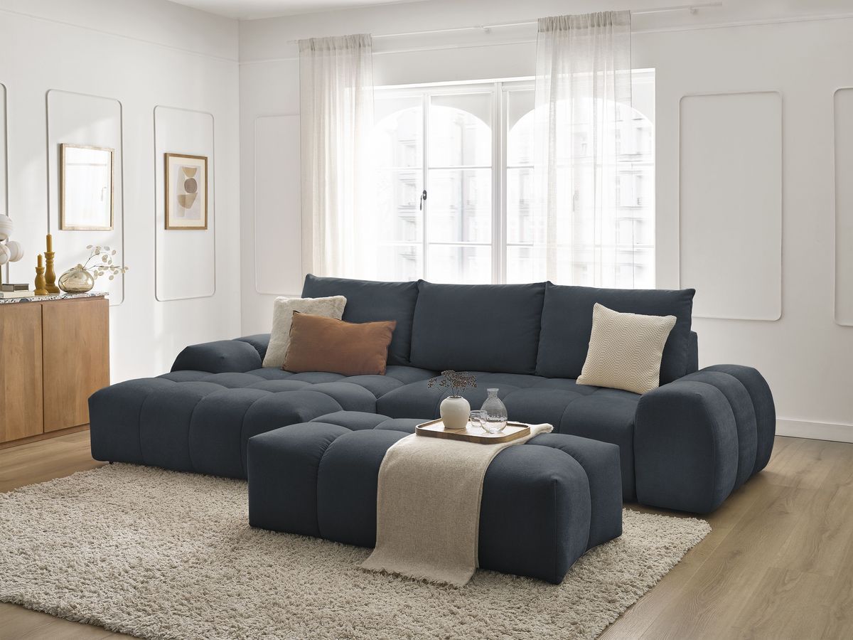 Canapé d'angle convertible coffre EVEREST tissu texturé avec pouf