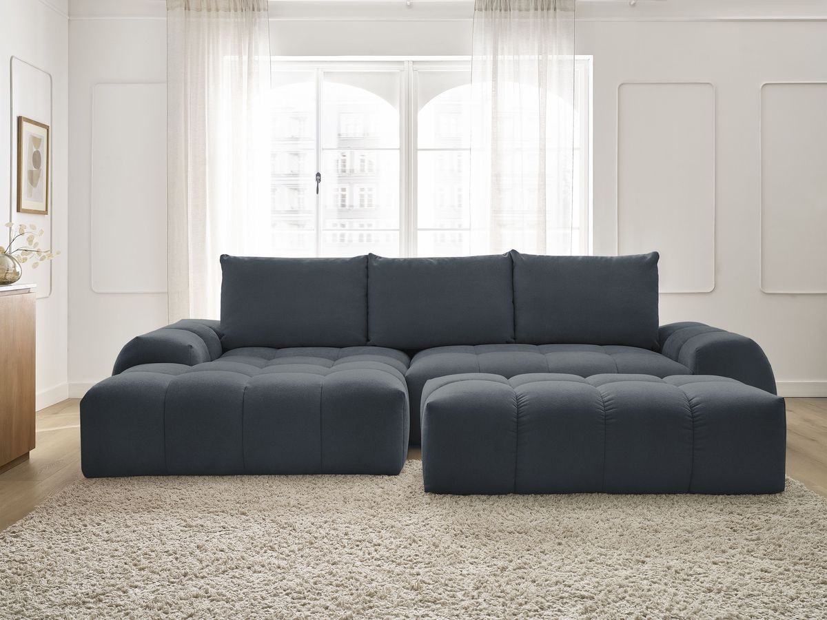 Canapé d'angle convertible coffre EVEREST tissu texturé avec pouf