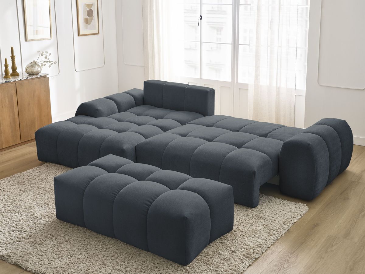 Canapé d'angle convertible coffre EVEREST tissu texturé avec pouf
