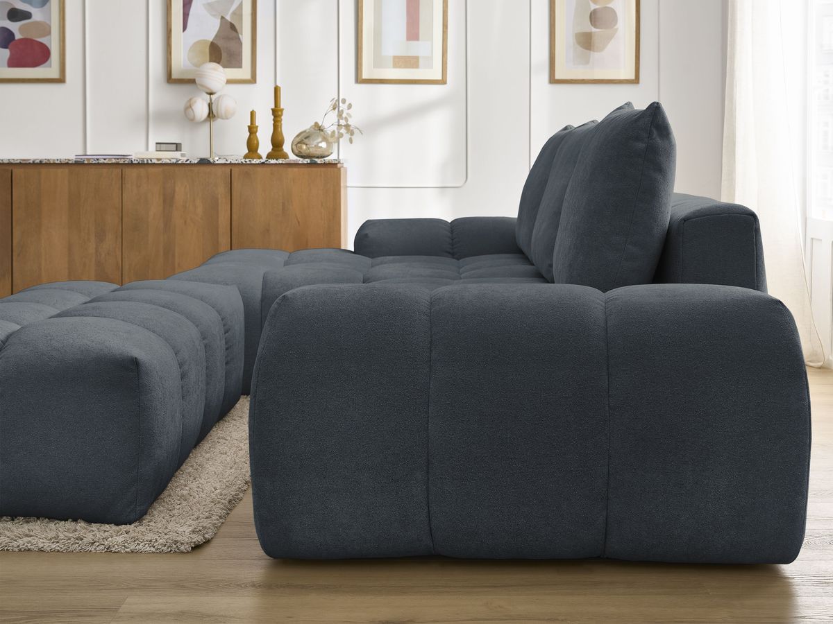 Canapé d'angle convertible coffre EVEREST tissu texturé avec pouf
