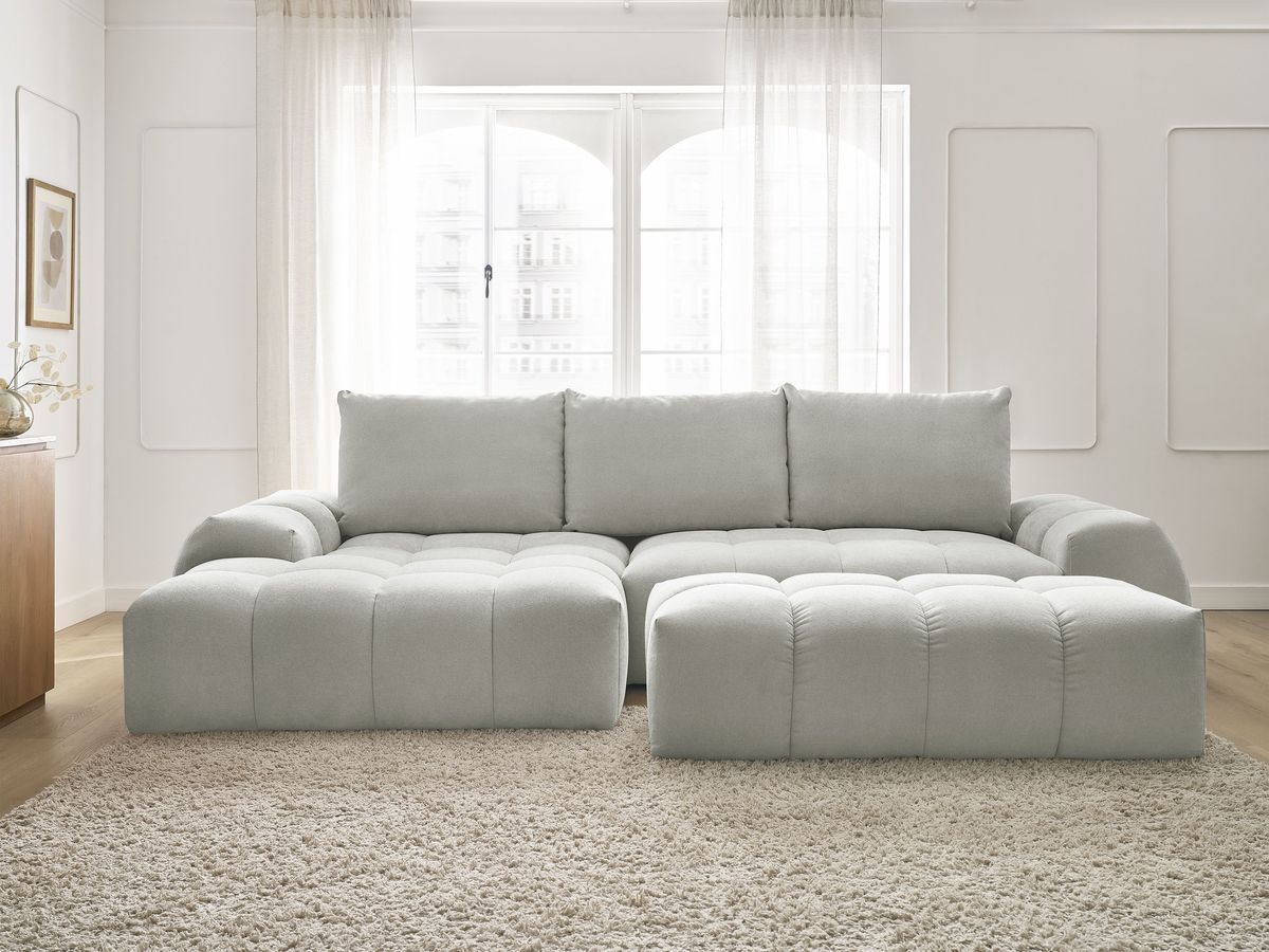 Canapé d'angle convertible coffre EVEREST tissu texturé avec pouf