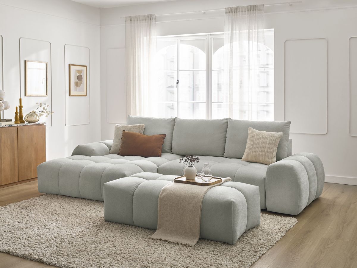 Canapé d'angle convertible coffre EVEREST tissu texturé avec pouf