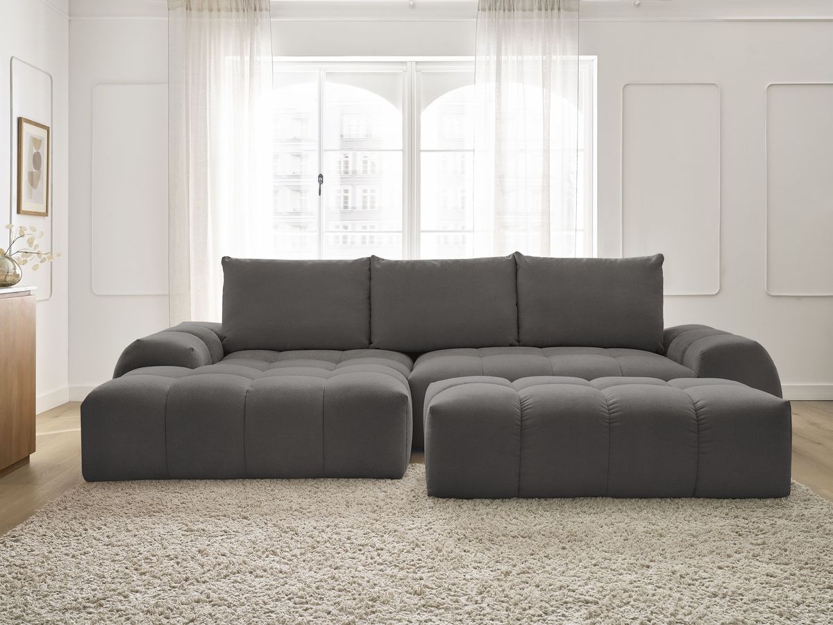 Canapé d'angle convertible coffre EVEREST tissu texturé avec pouf