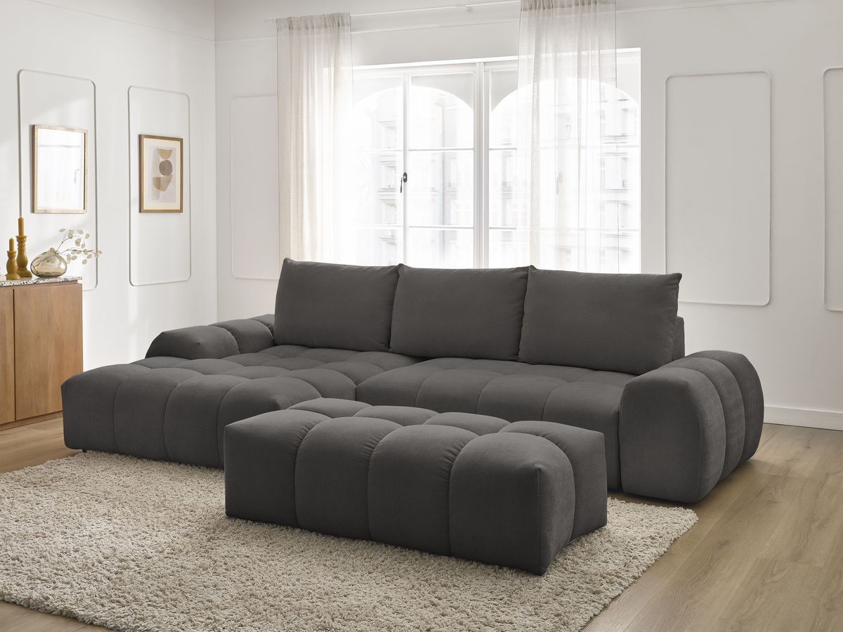 Canapé d'angle convertible coffre EVEREST tissu texturé avec pouf gris foncé angle gauche BOBOCHIC 4 places - Vue supplémentaire 3