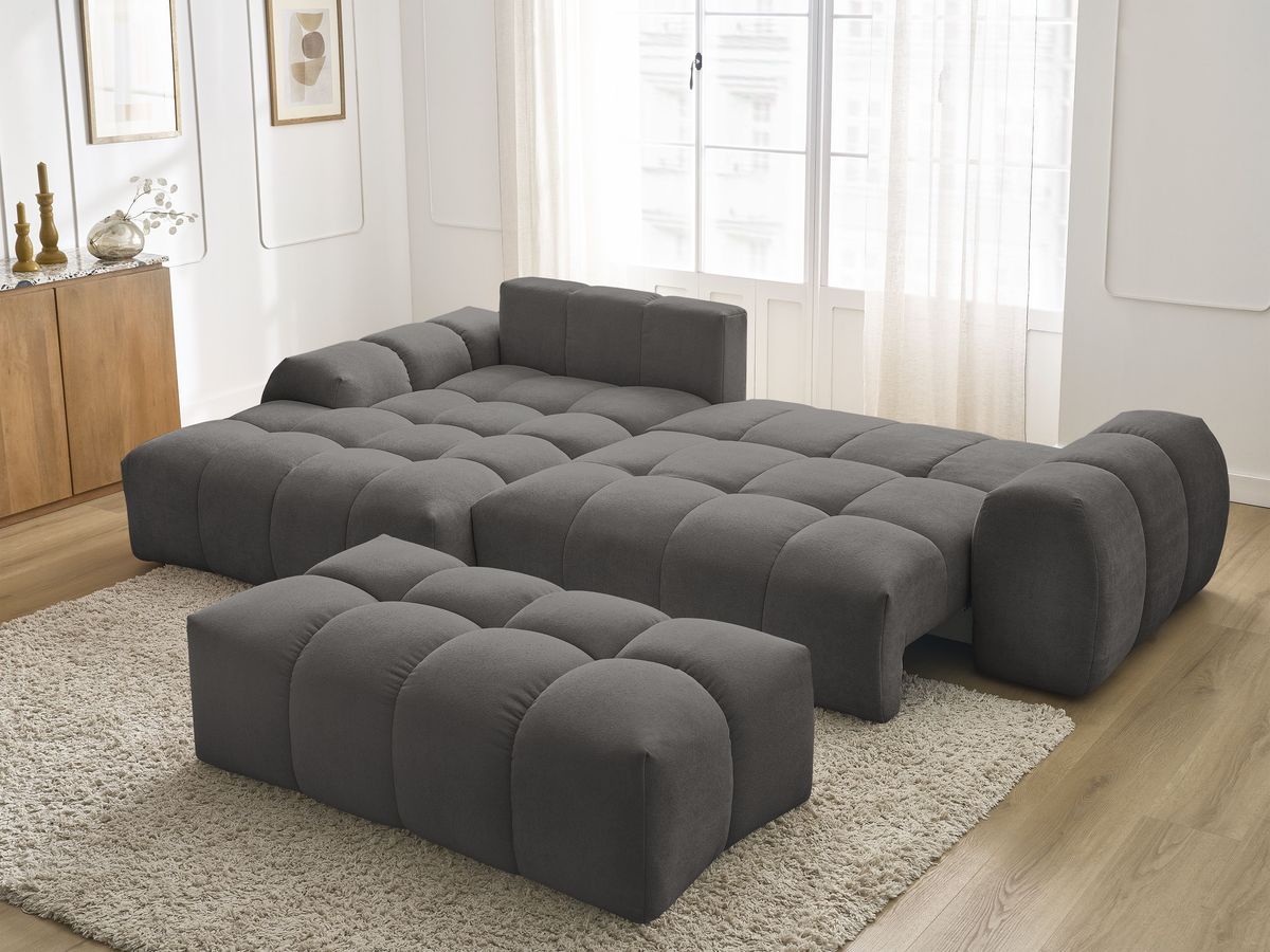 Canapé d'angle convertible coffre EVEREST tissu texturé avec pouf