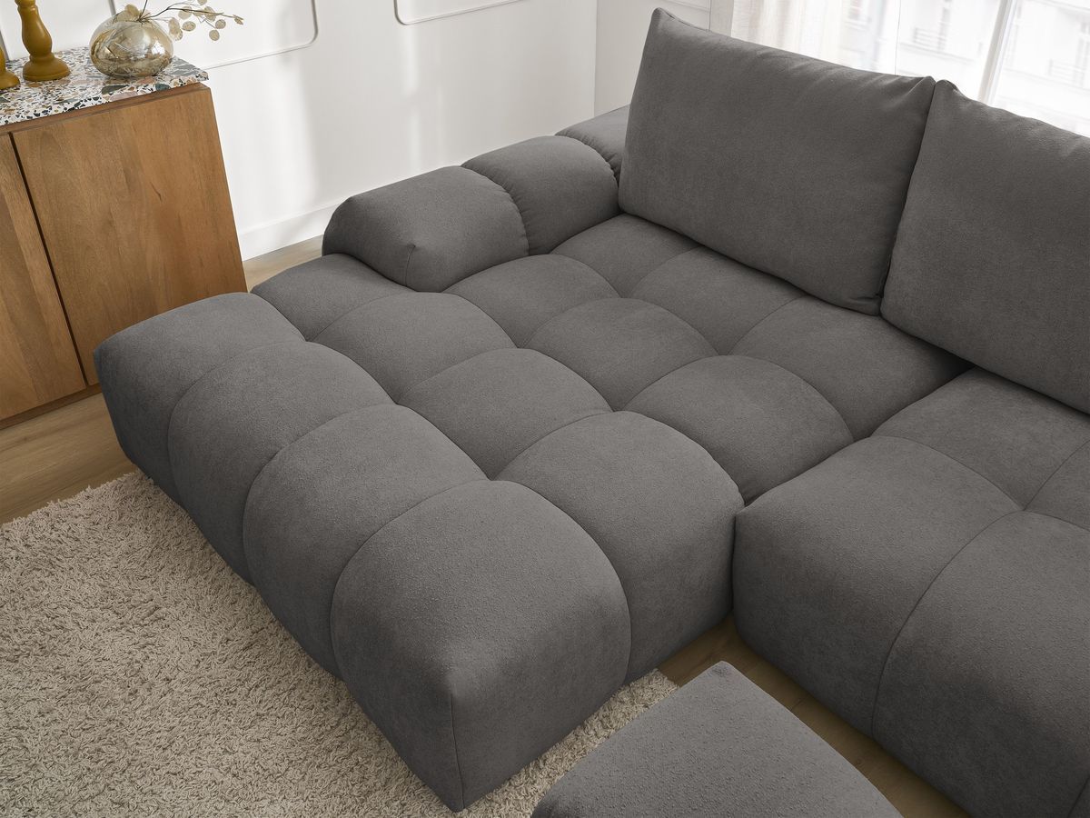 Canapé d'angle convertible coffre EVEREST tissu texturé avec pouf