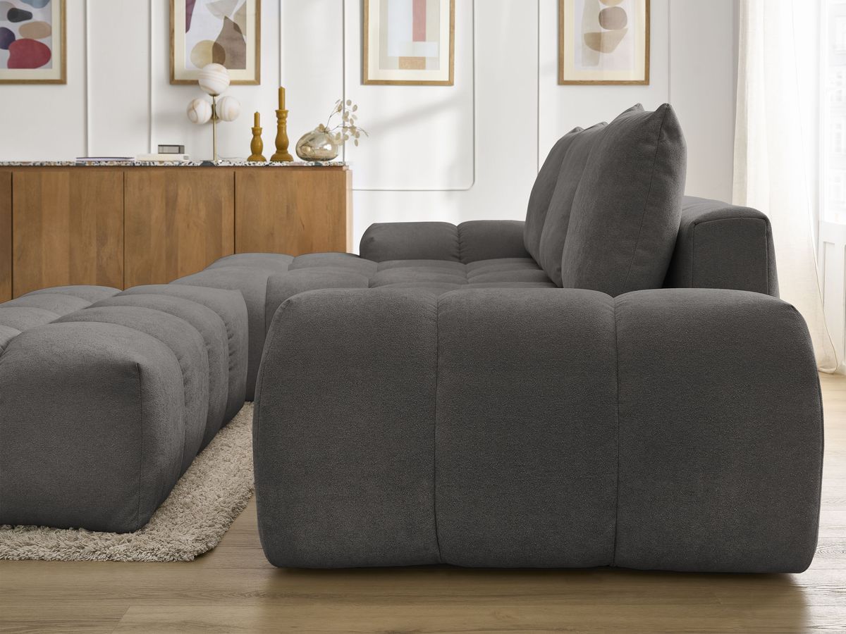 Canapé d'angle convertible coffre EVEREST tissu texturé avec pouf