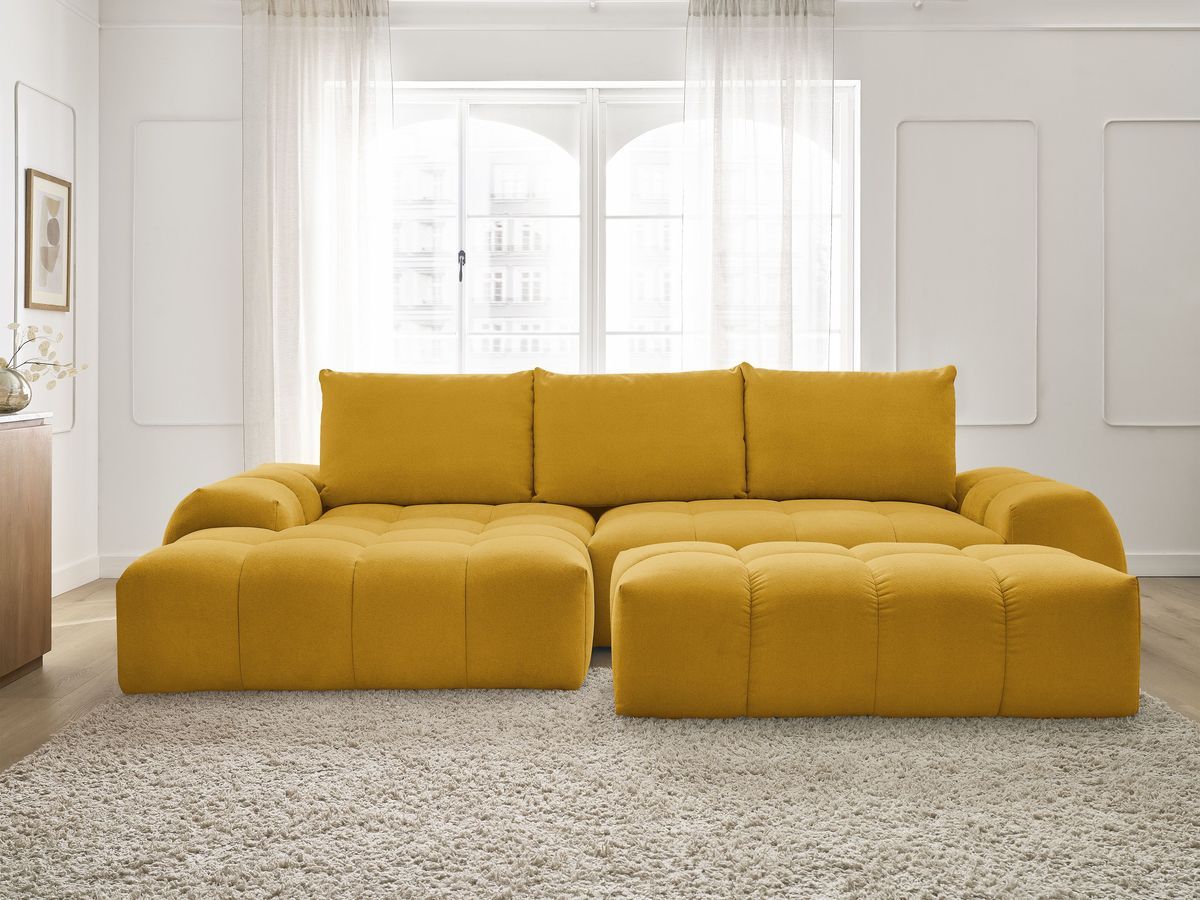 Canapé d'angle convertible coffre EVEREST tissu texturé avec pouf