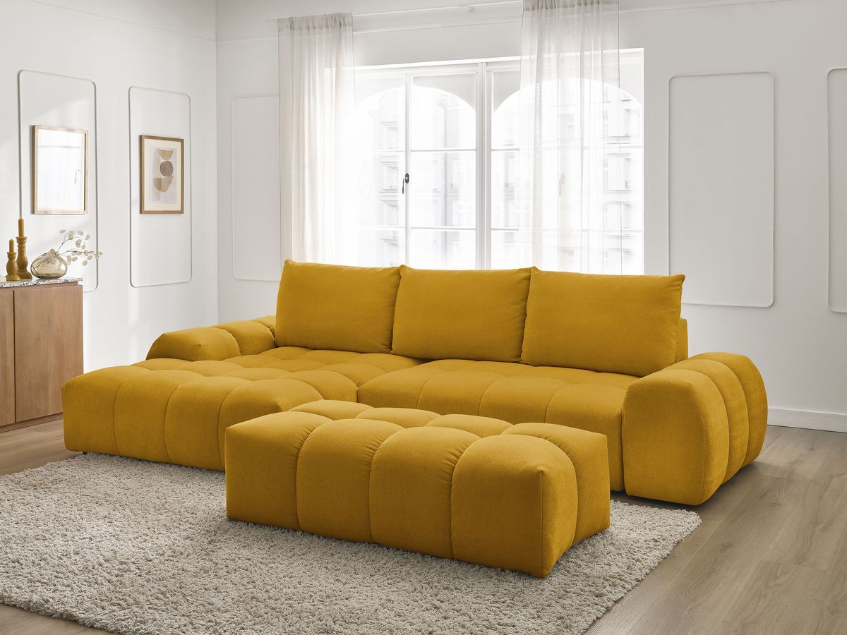 Canapé d'angle convertible coffre EVEREST tissu texturé avec pouf jaune angle gauche BOBOCHIC 4 places - Vue supplémentaire 3