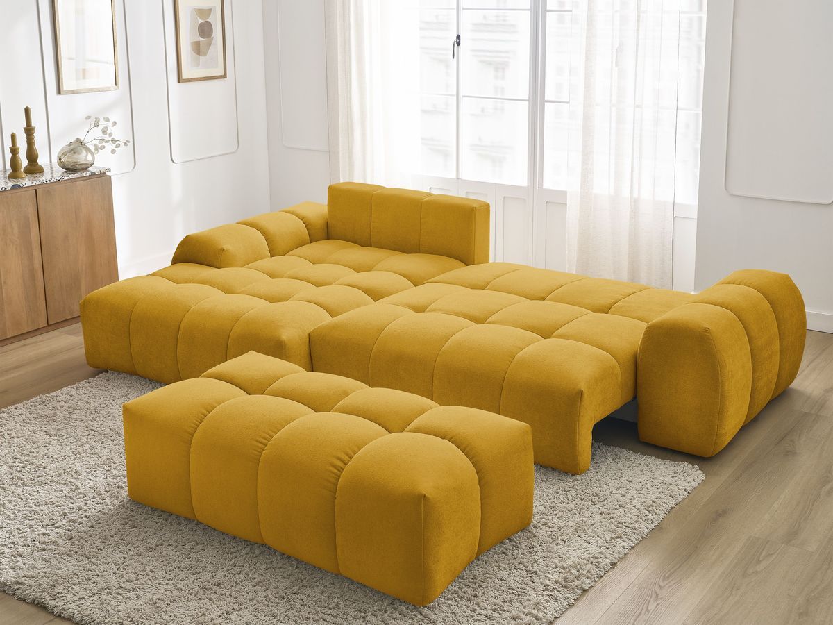 Canapé d'angle convertible coffre EVEREST tissu texturé avec pouf