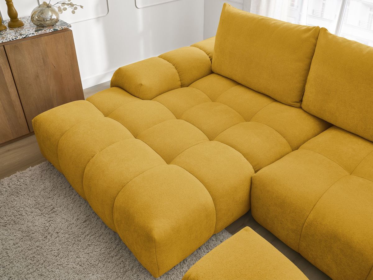 Canapé d'angle convertible coffre EVEREST tissu texturé avec pouf