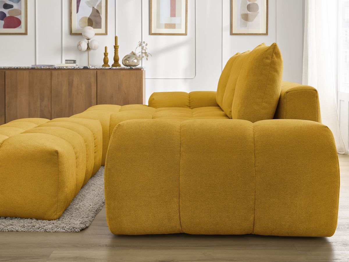 Canapé d'angle convertible coffre EVEREST tissu texturé avec pouf