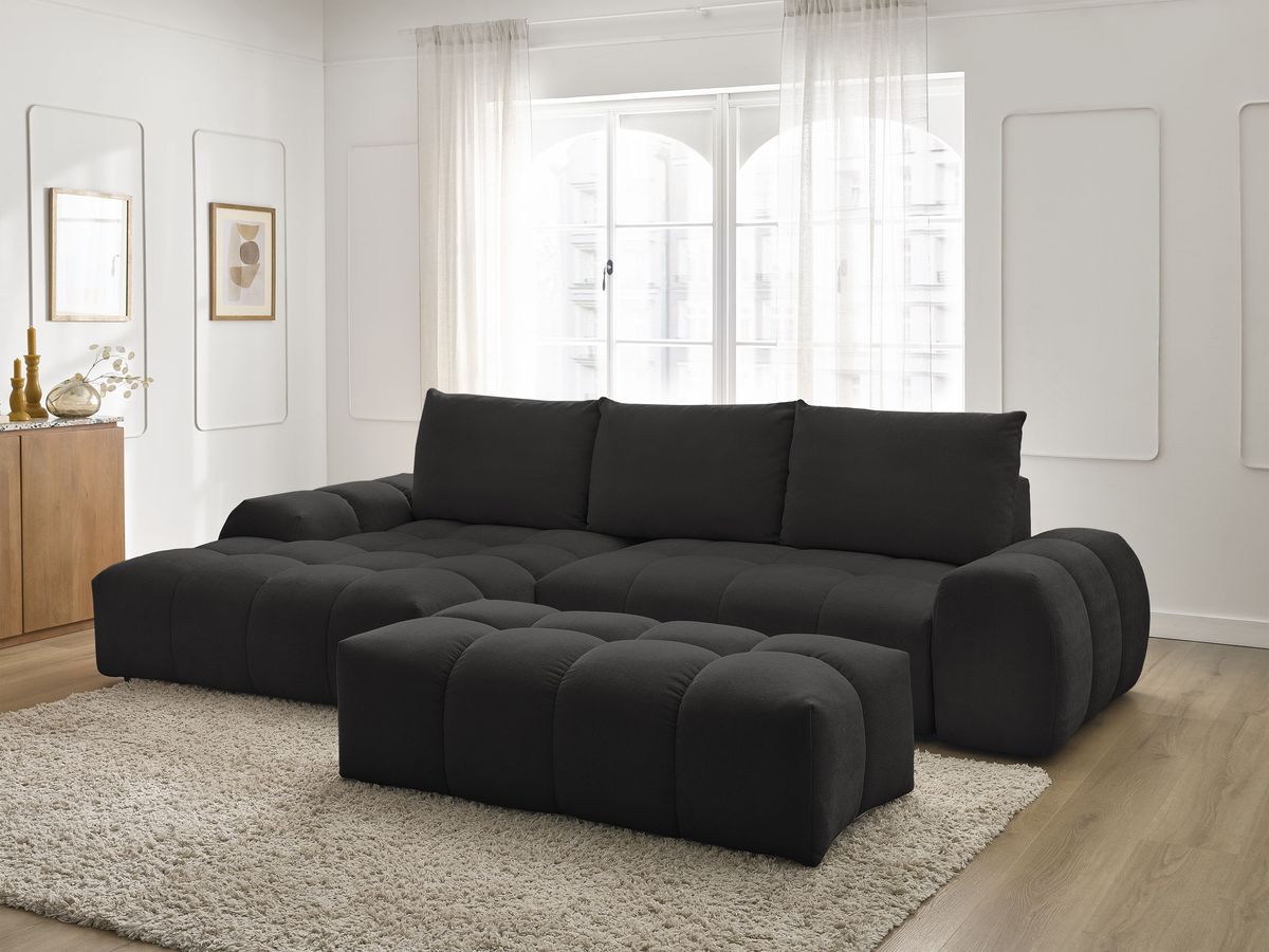 Canapé d'angle convertible coffre EVEREST tissu texturé avec pouf noir angle gauche BOBOCHIC 4 places - Vue supplémentaire 3