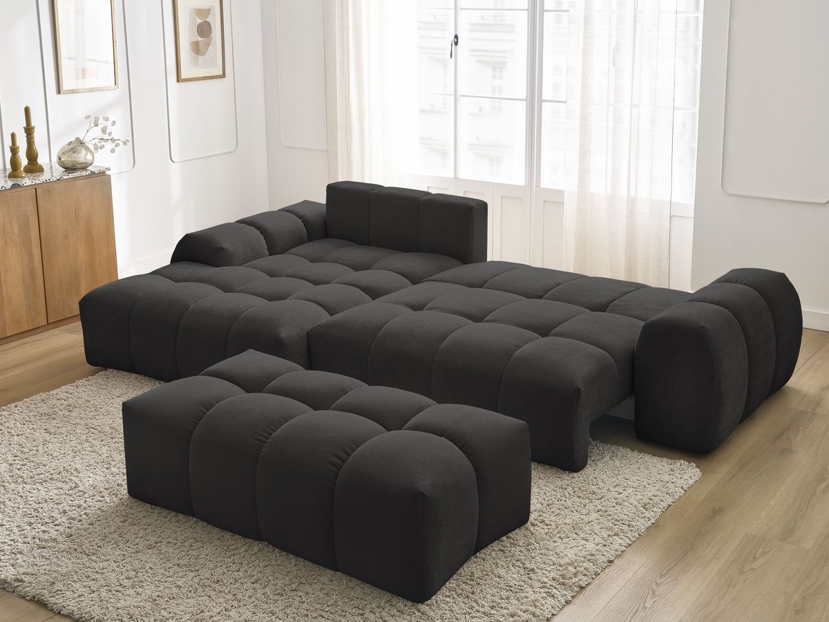 Canapé d'angle convertible coffre EVEREST tissu texturé avec pouf