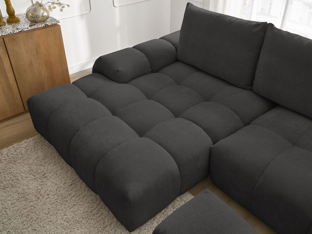 Canapé d'angle convertible coffre EVEREST tissu texturé avec pouf