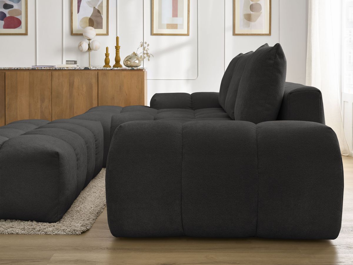 Canapé d'angle convertible coffre EVEREST tissu texturé avec pouf